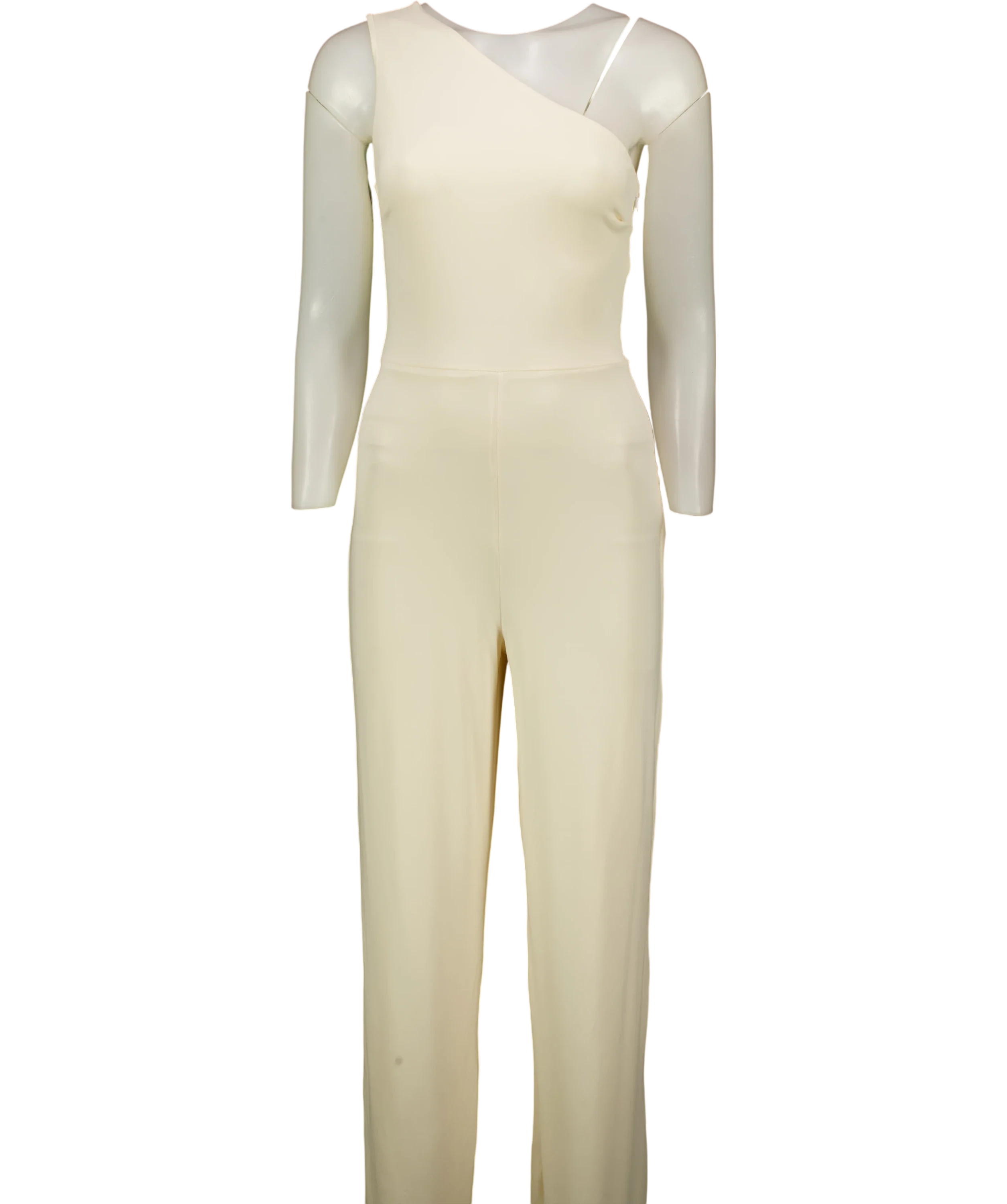 Club L Cream Cream Asymmetric One Shoulder Jumpsuit, size UK 8 — front
