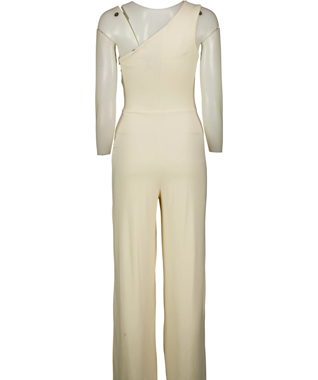 Club L Cream Cream Asymmetric One Shoulder Jumpsuit, size UK 8 — back