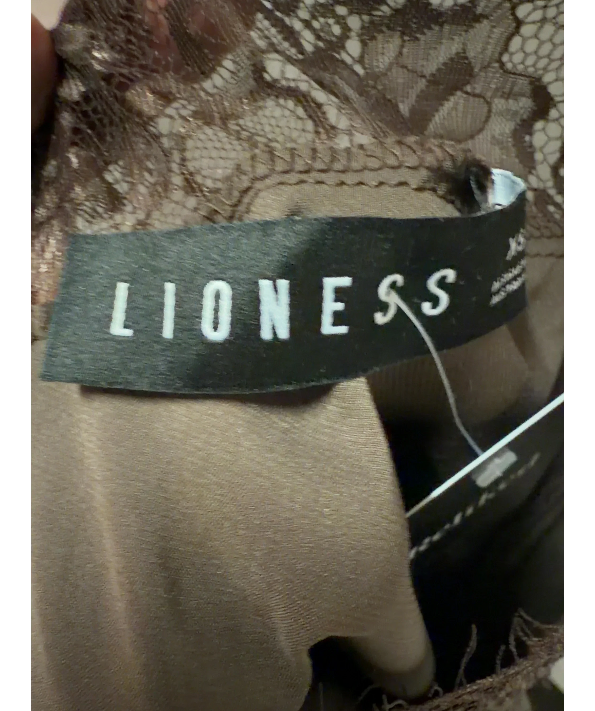 Lioness Brown Angelic Dark Chocolate Brown Satin Lace Trim Mini Dress, size UK XS — detail