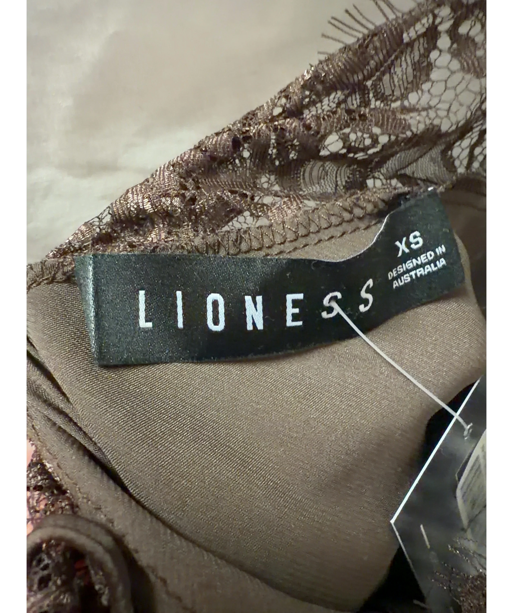 Lioness Brown Angelic Dark Chocolate Brown Satin Lace Trim Mini Dress, size UK XS — label