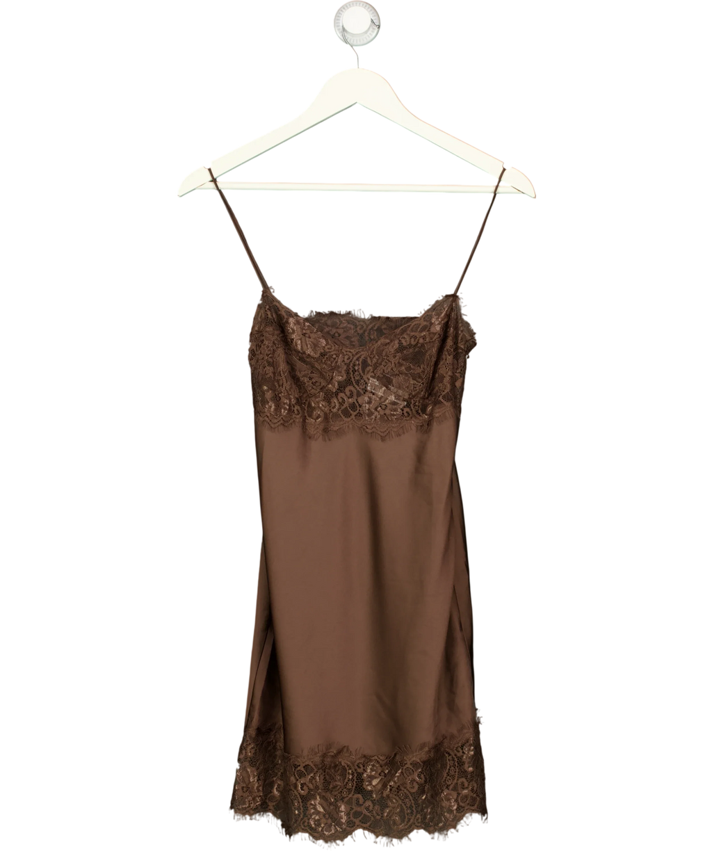 Lioness Brown Angelic Dark Chocolate Brown Satin Lace Trim Mini Dress, size UK XS — front