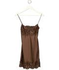 Lioness Brown Angelic Dark Chocolate Brown Satin Lace Trim Mini Dress, size UK XS — front