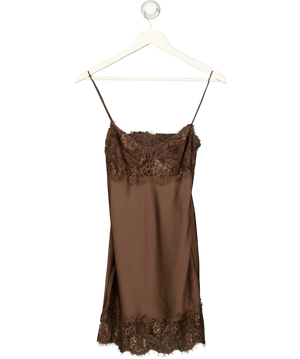 Lioness Angelic Dark Chocolate Brown Satin Lace Trim Mini Dress UK XS