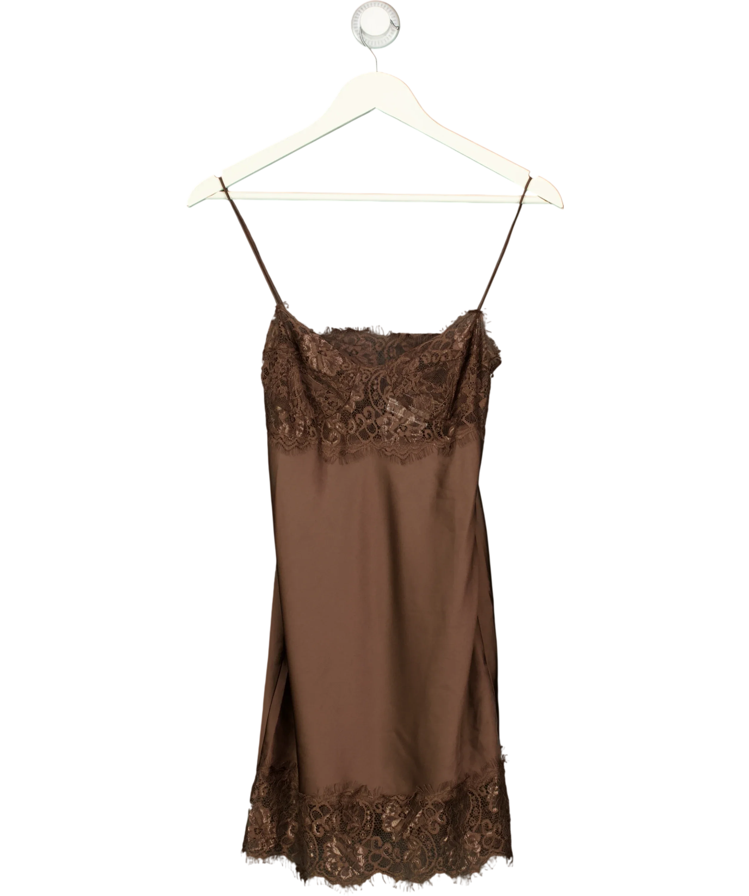 Lioness Brown Angelic Dark Chocolate Brown Satin Lace Trim Mini Dress, size UK XS — front