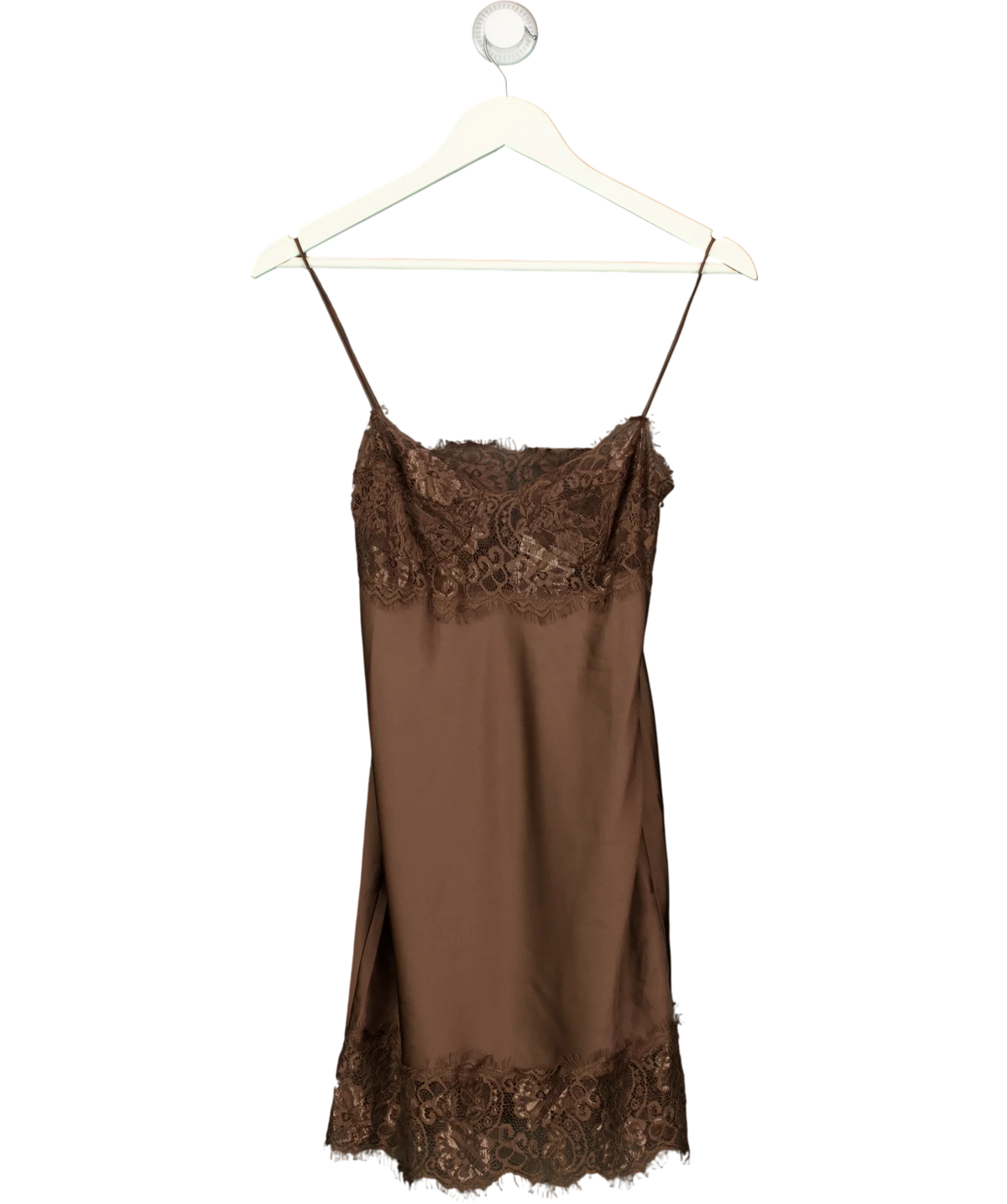Lioness Brown Angelic Dark Chocolate Brown Satin Lace Trim Mini Dress, size UK XS — front
