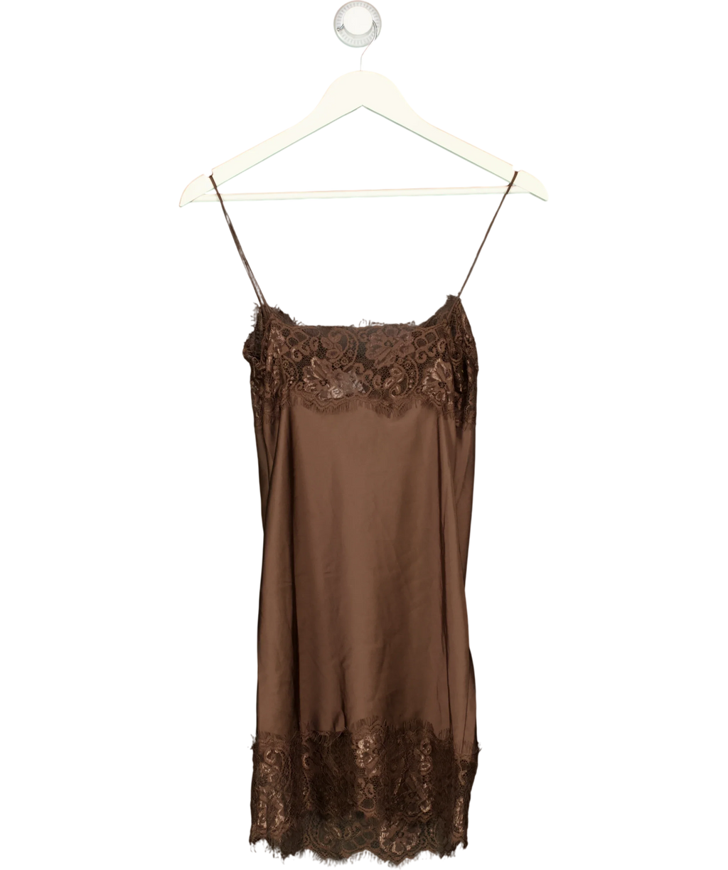 Lioness Brown Angelic Dark Chocolate Brown Satin Lace Trim Mini Dress, size UK XS — back