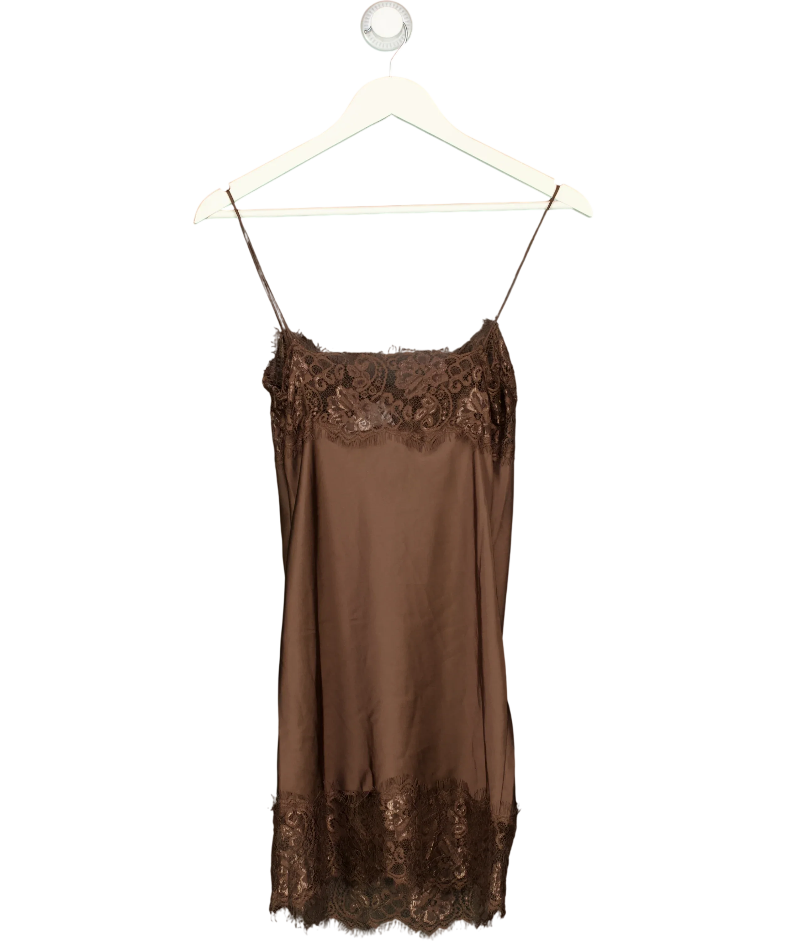Lioness Brown Angelic Dark Chocolate Brown Satin Lace Trim Mini Dress, size UK XS — back