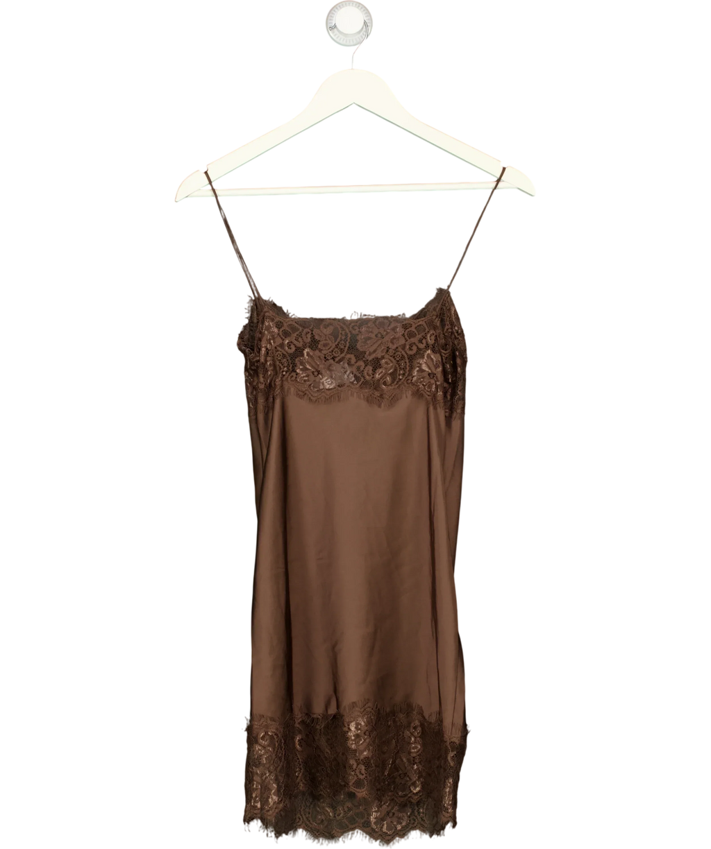 Lioness Brown Angelic Dark Chocolate Brown Satin Lace Trim Mini Dress, size UK XS — back