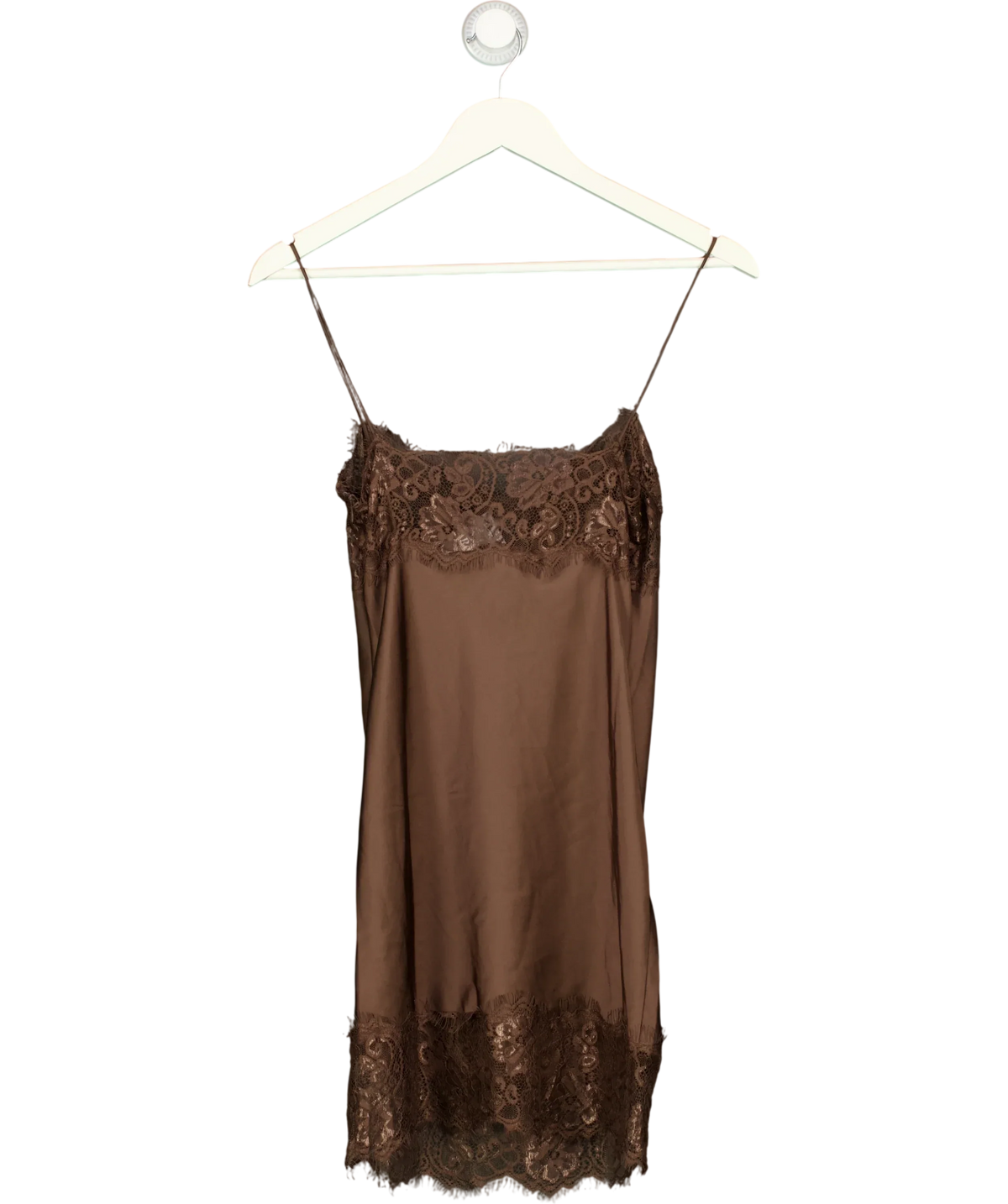 Lioness Brown Angelic Dark Chocolate Brown Satin Lace Trim Mini Dress, size UK XS — back