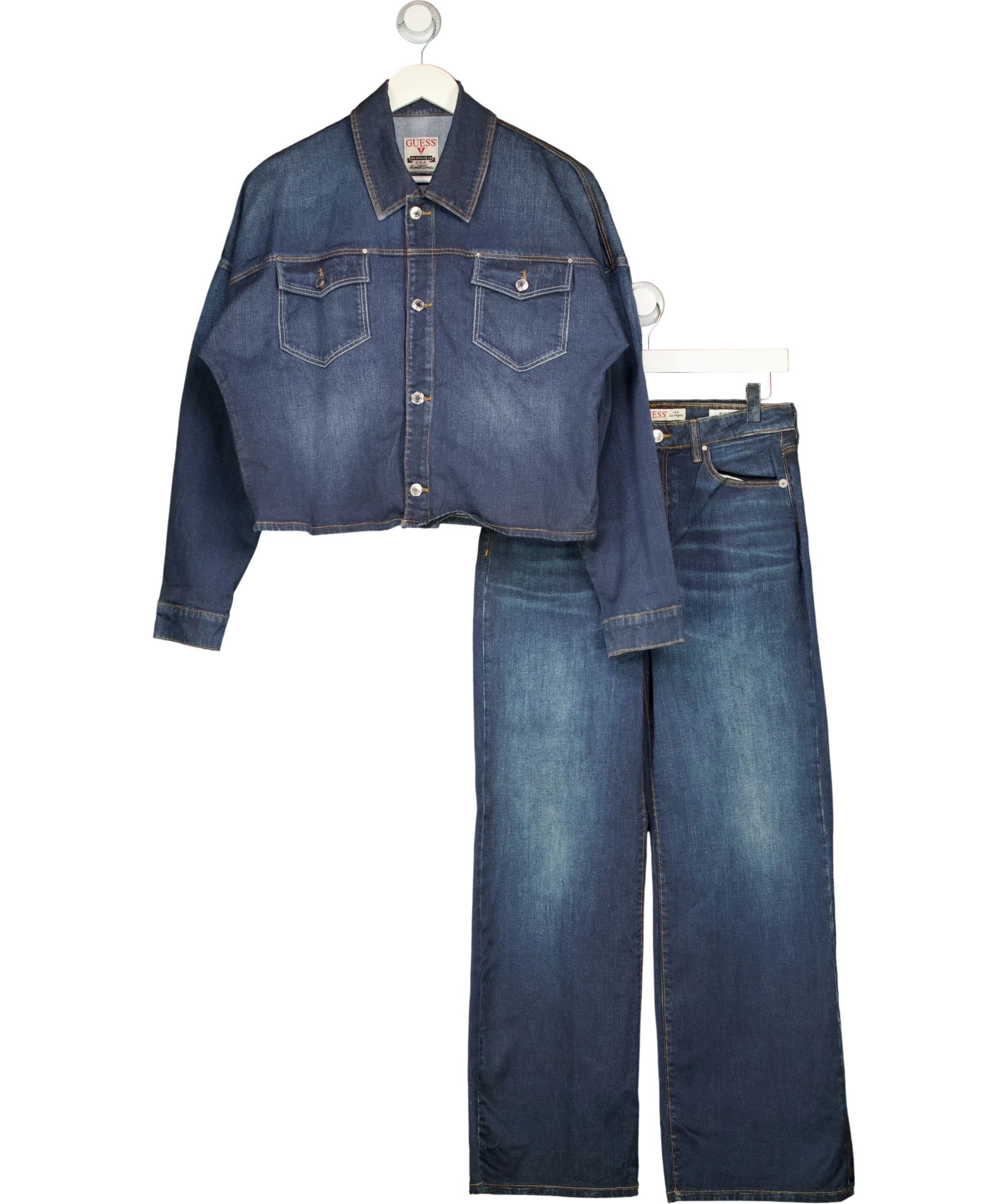 Guess Blue Eco Western Denim Shacket & HIGH RISE WIDE LEG JEANS, size UK S — front