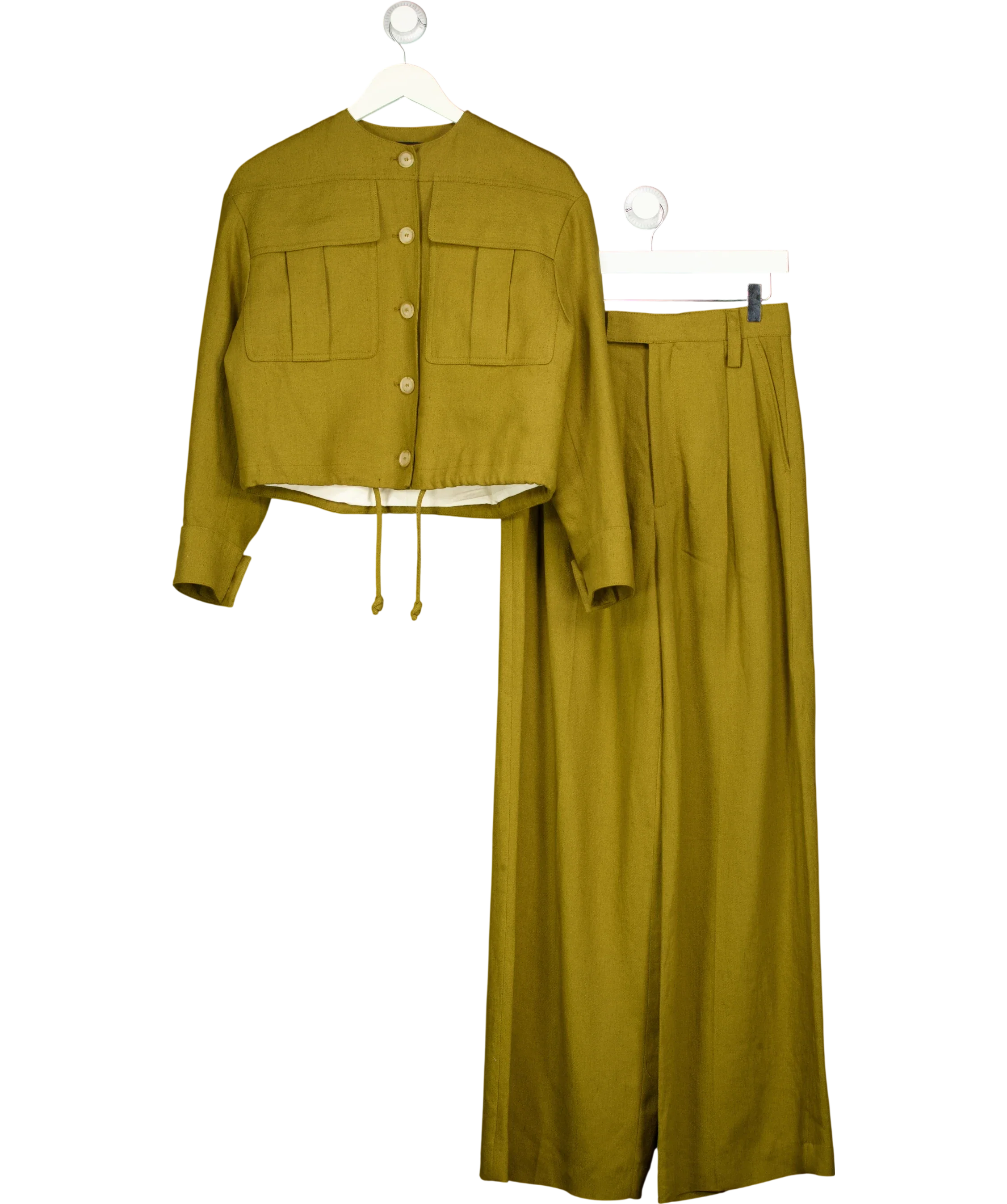ZARA Green ZW Collection 2-piece Olive Green Linen Blend Suit Set, size UK XS — front