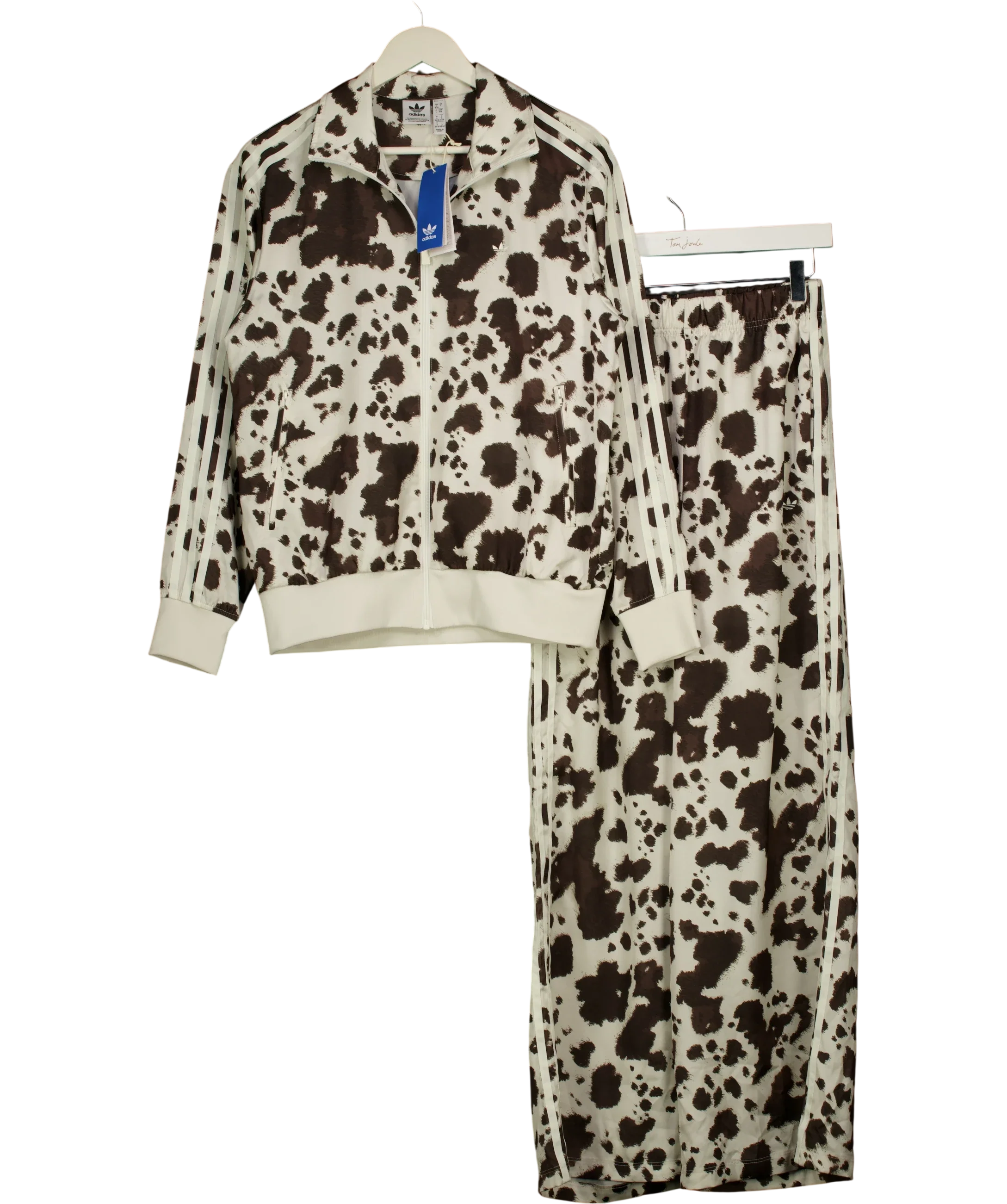 adidas Cream Cow Print Satin Tracksuit Set CREAM / Brown, size UK S — front