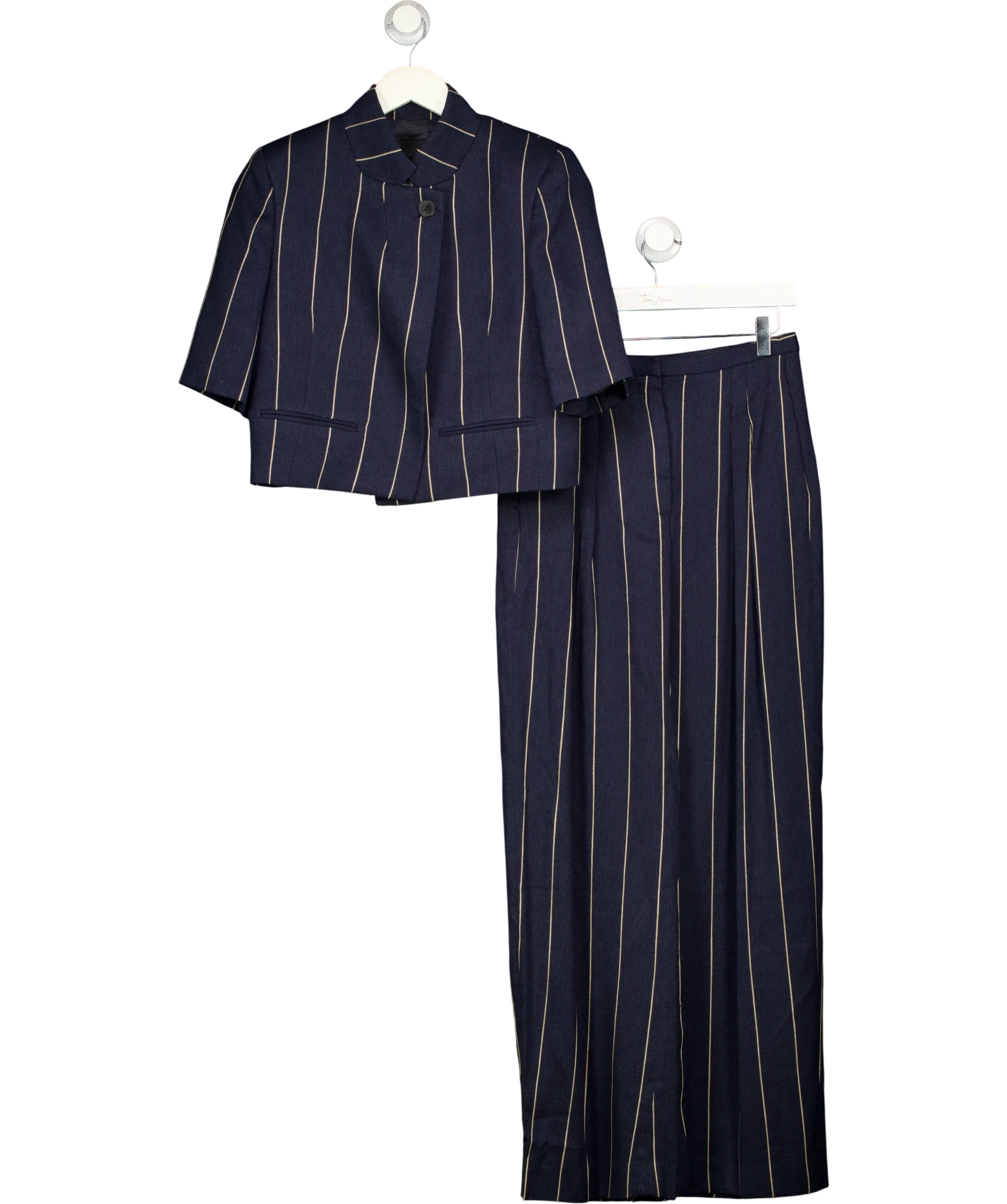 ZARA Blue Collection Striped Linen Blend Jacket & Trousers Set Navy Blue, size UK XS — front