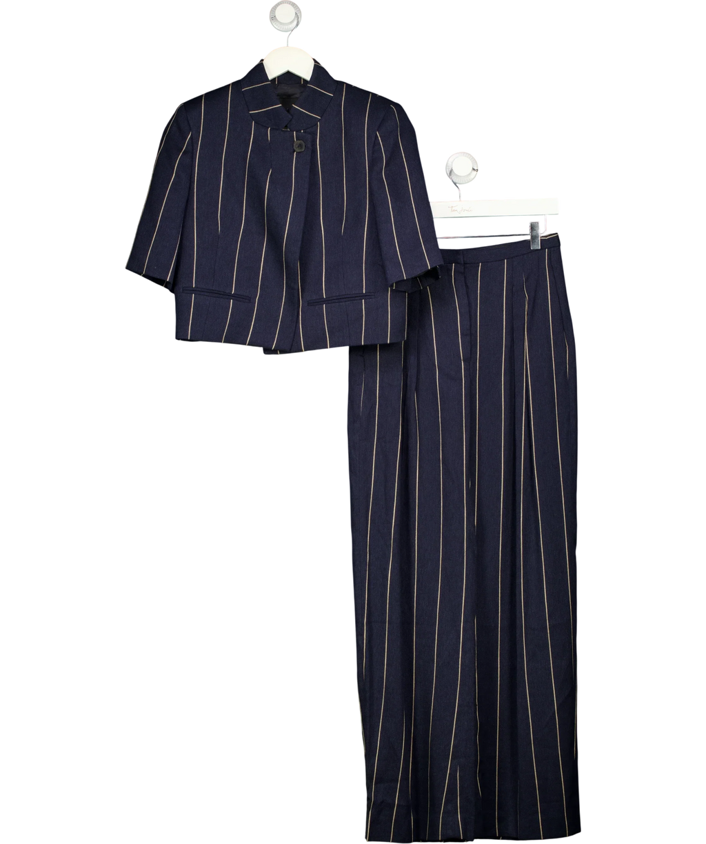 ZARA Blue Collection Striped Linen Blend Jacket & Trousers Set Navy Blue, size UK XS — front