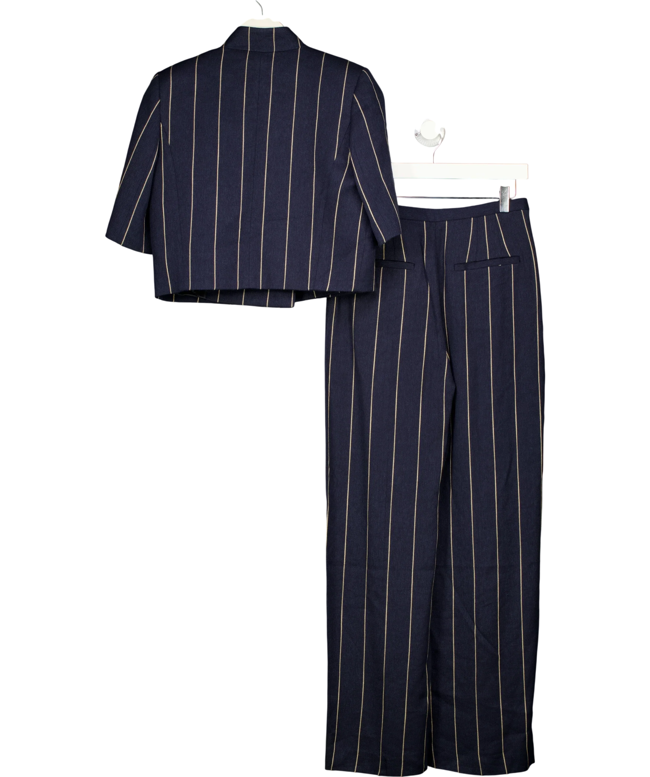 ZARA Blue Collection Striped Linen Blend Jacket & Trousers Set Navy Blue, size UK XS — back
