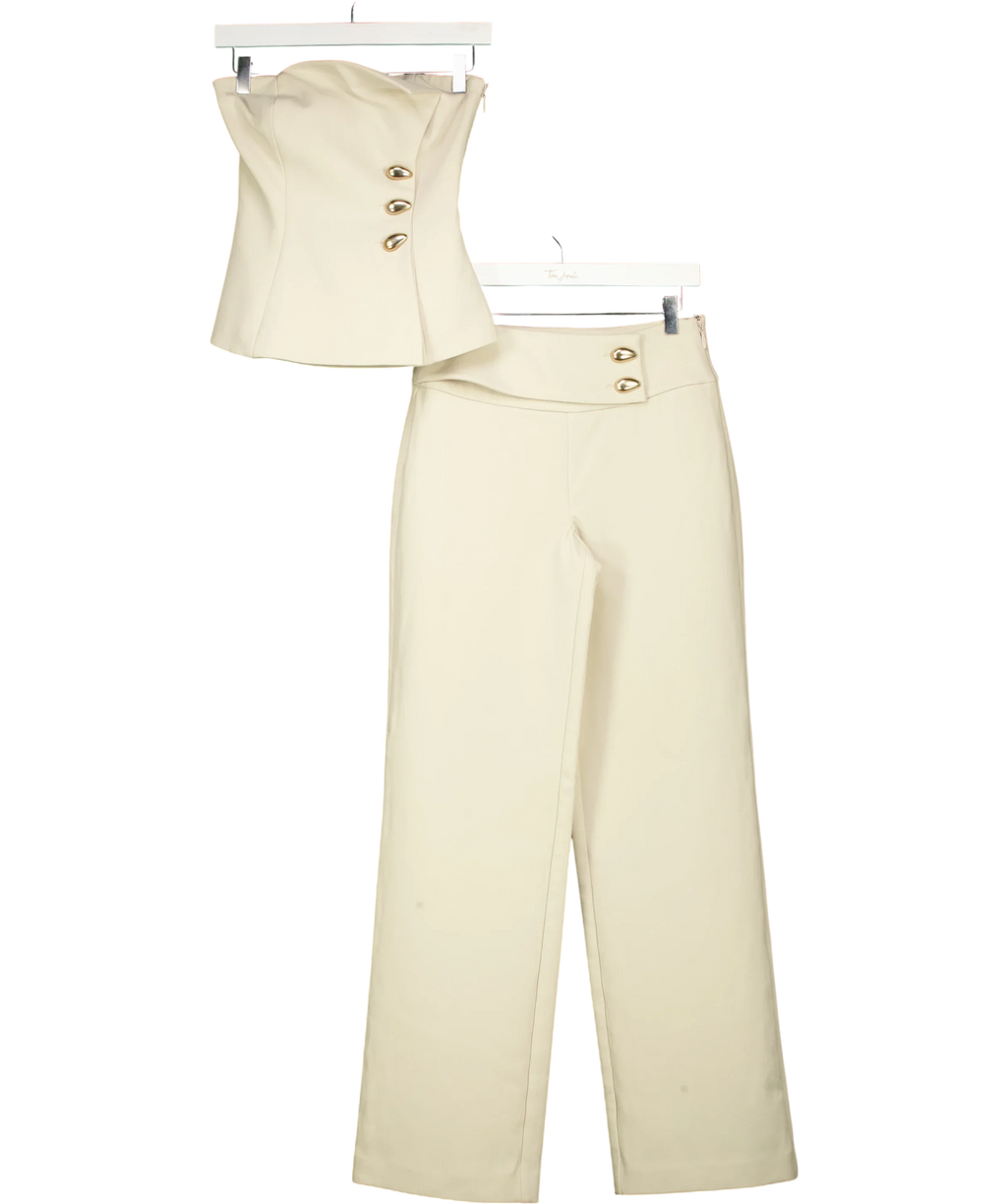 Meshki Beige Cream Strapless Top and Wide Leg Trousers Suit Set, size UK XS — front