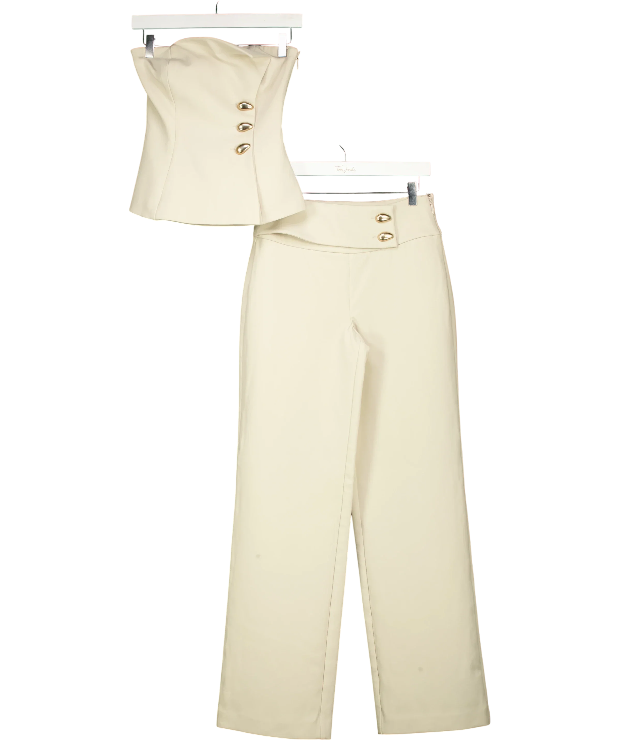 Meshki Beige Cream Strapless Top and Wide Leg Trousers Suit Set, size UK XS — front