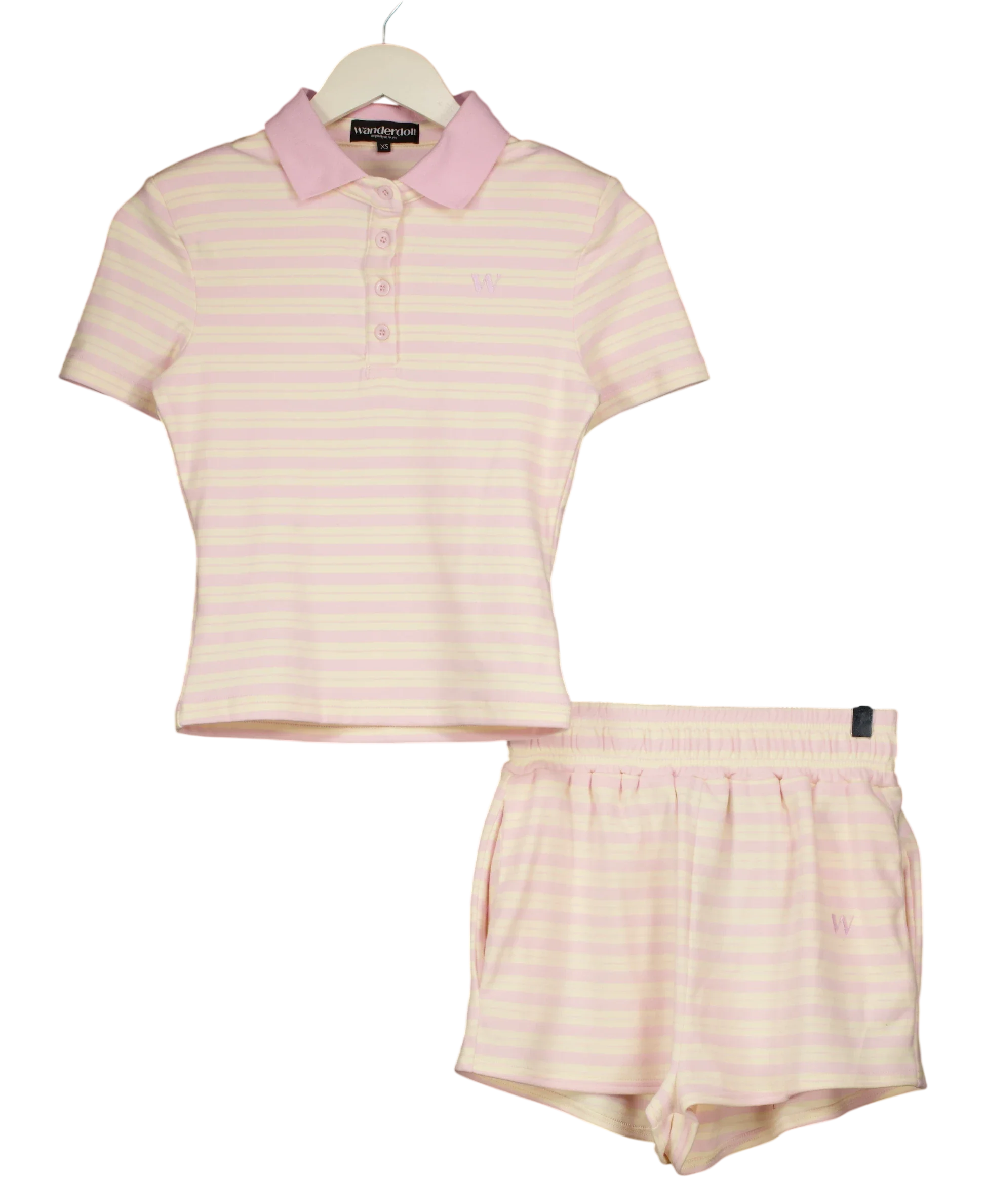 Wandrdoll Pink Frankie Stripe Polo Top & Shorts Co-Ord Set Pink & Lemon Frankie Stripe Polo Top & Shorts Co-Ord Set… — front