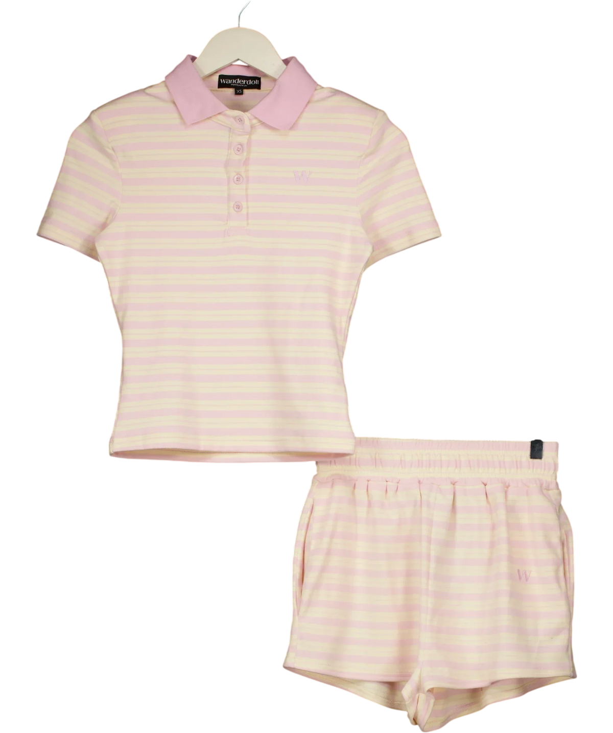 Wandrdoll Pink Frankie Stripe Polo Top & Shorts Co-Ord Set Pink & Lemon Frankie Stripe Polo Top & Shorts Co-Ord Set… — front