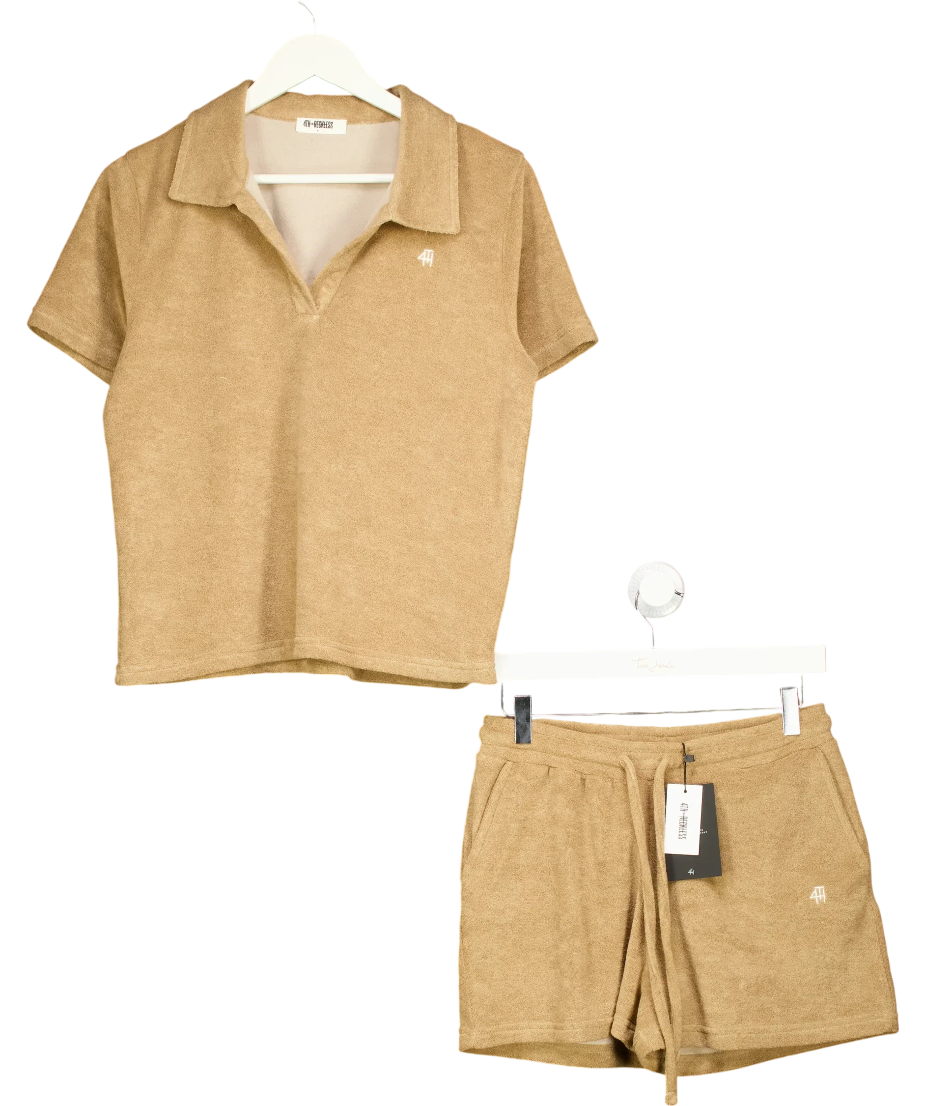 4th & Reckless Beige Zita Camel Towelling Polo and Shorts Co-Ord Set, size UK S — front