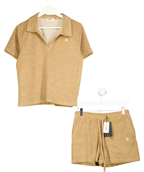 4th & Reckless Beige Zita Camel Towelling Polo and Shorts Co-Ord Set, size UK S — front