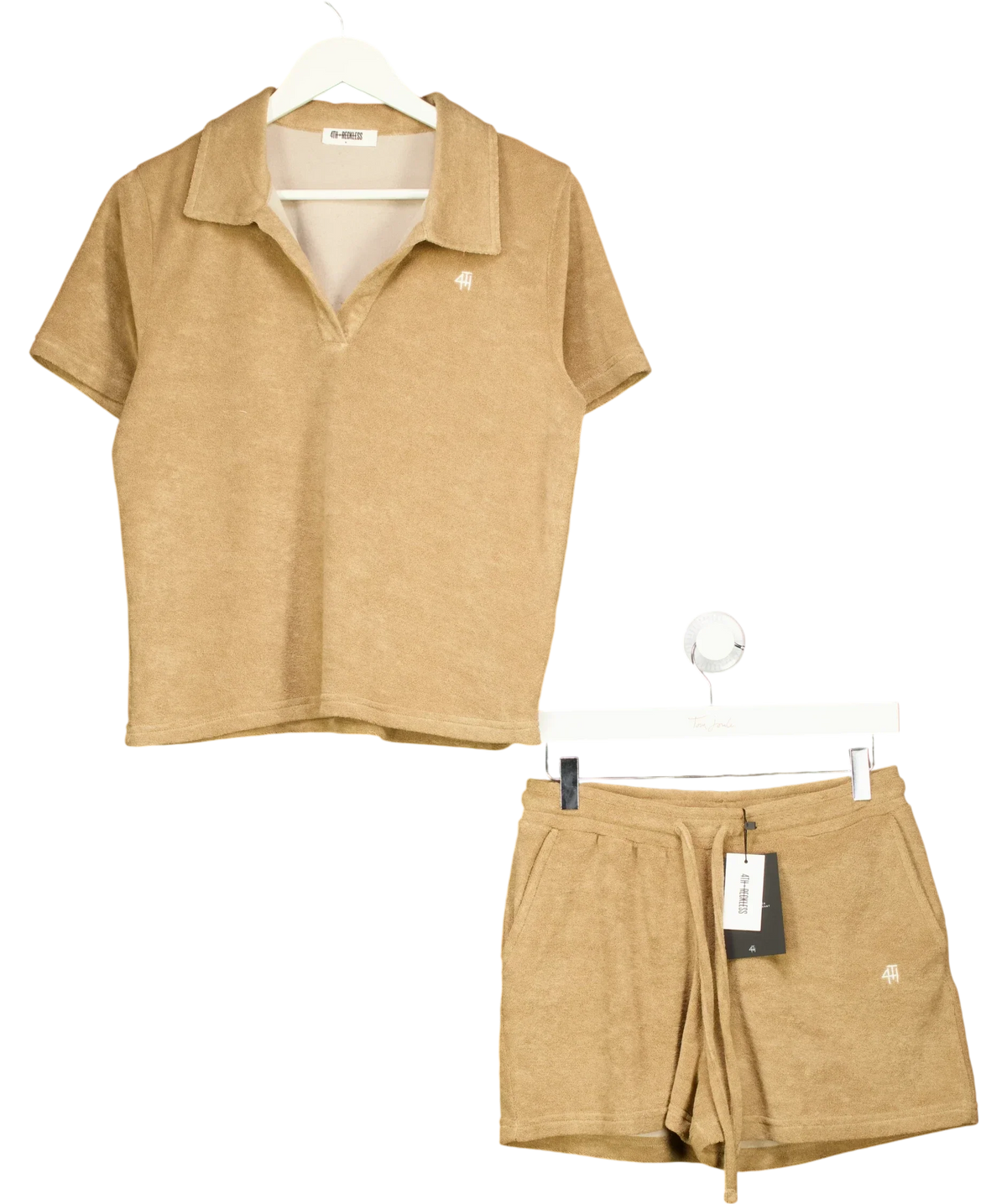 4th & Reckless Beige Zita Camel Towelling Polo and Shorts Co-Ord Set, size UK S — front