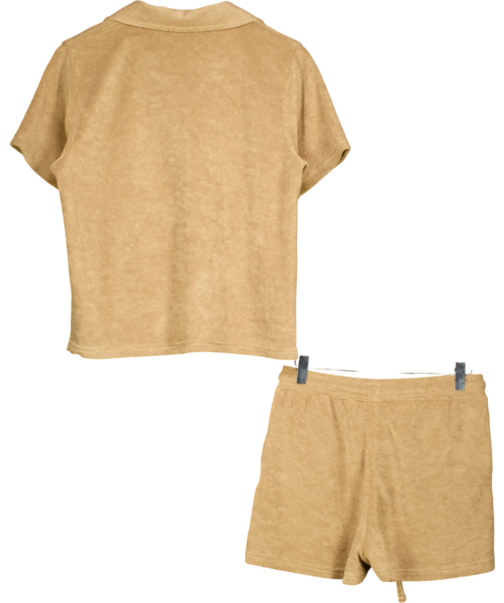 4th & Reckless Beige Zita Camel Towelling Polo and Shorts Co-Ord Set, size UK S — back