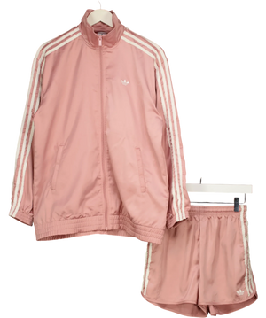 adidas Satin Firebird Ruffle 3-stripes Track Jacket & Shorts Set Pink UK S