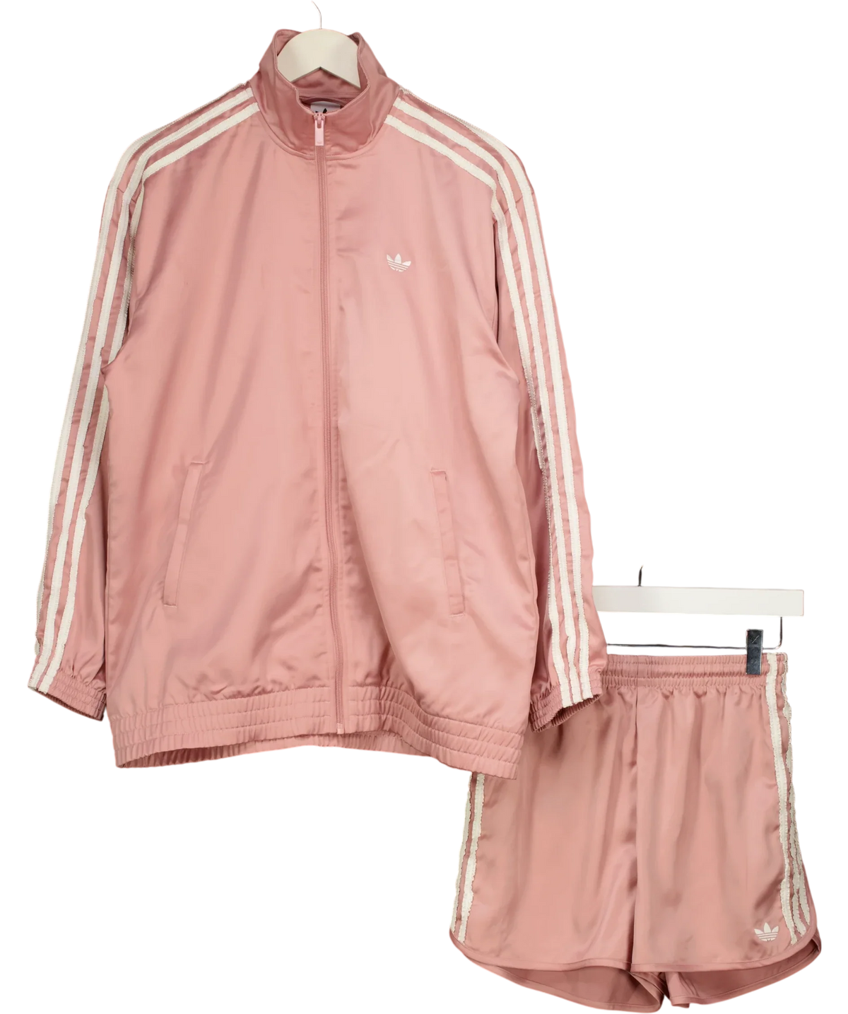 adidas Pink Satin Firebird Ruffle 3-Stripes Track Jacket & Shorts Set Pink, size UK S — front