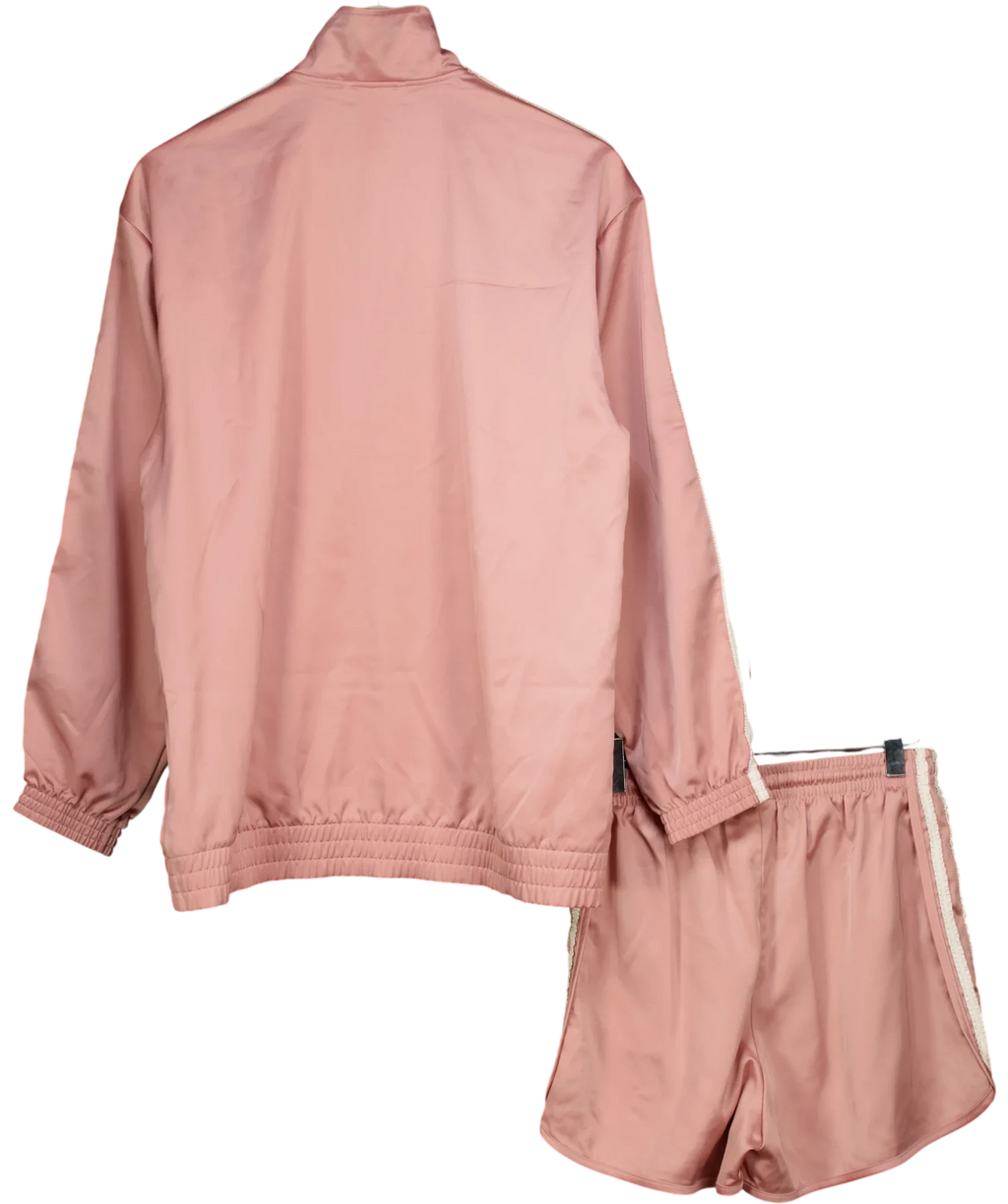 adidas Pink Satin Firebird Ruffle 3-Stripes Track Jacket & Shorts Set Pink, size UK S — back