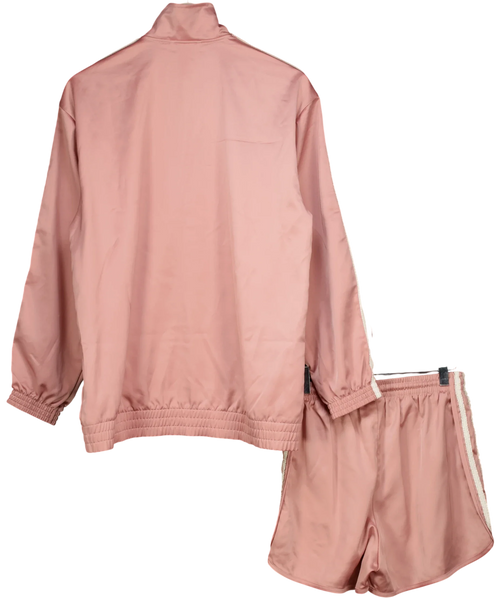 adidas Pink Satin Firebird Ruffle 3-Stripes Track Jacket & Shorts Set Pink, size UK S — back