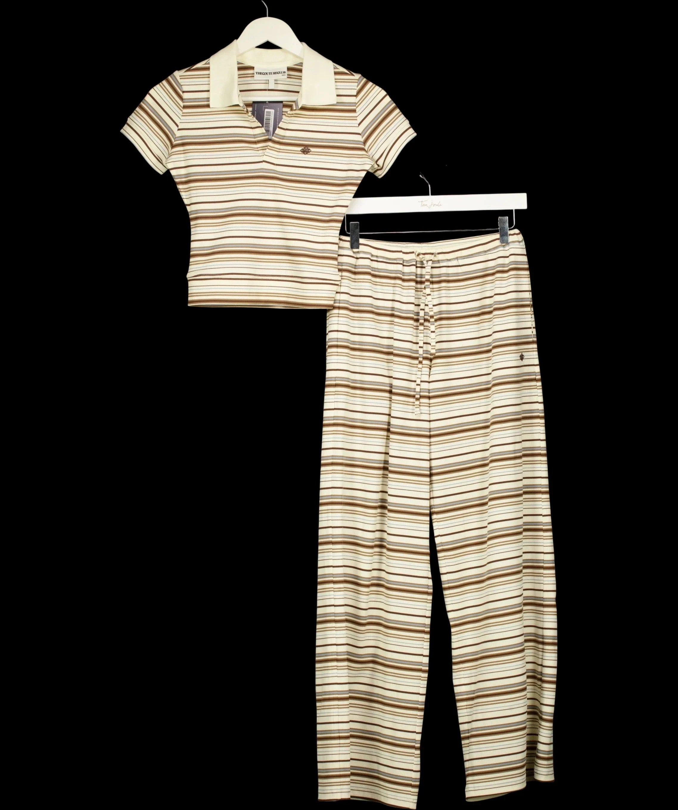 The Couture Club Cream Striped Polo Crop Top (UK 6) & Wide Leg Trousers (UK 8) Set, size UK XS/S — detail