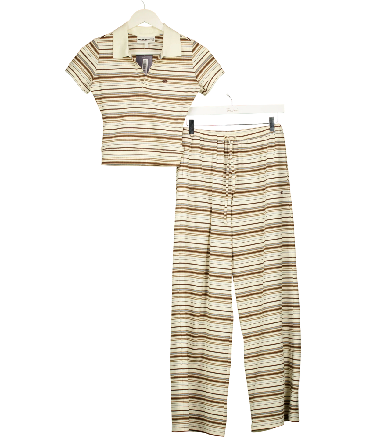 The Couture Club Cream Striped Polo Crop Top (UK 6) & Wide Leg Trousers (UK 8) Set, size UK XS/S — front