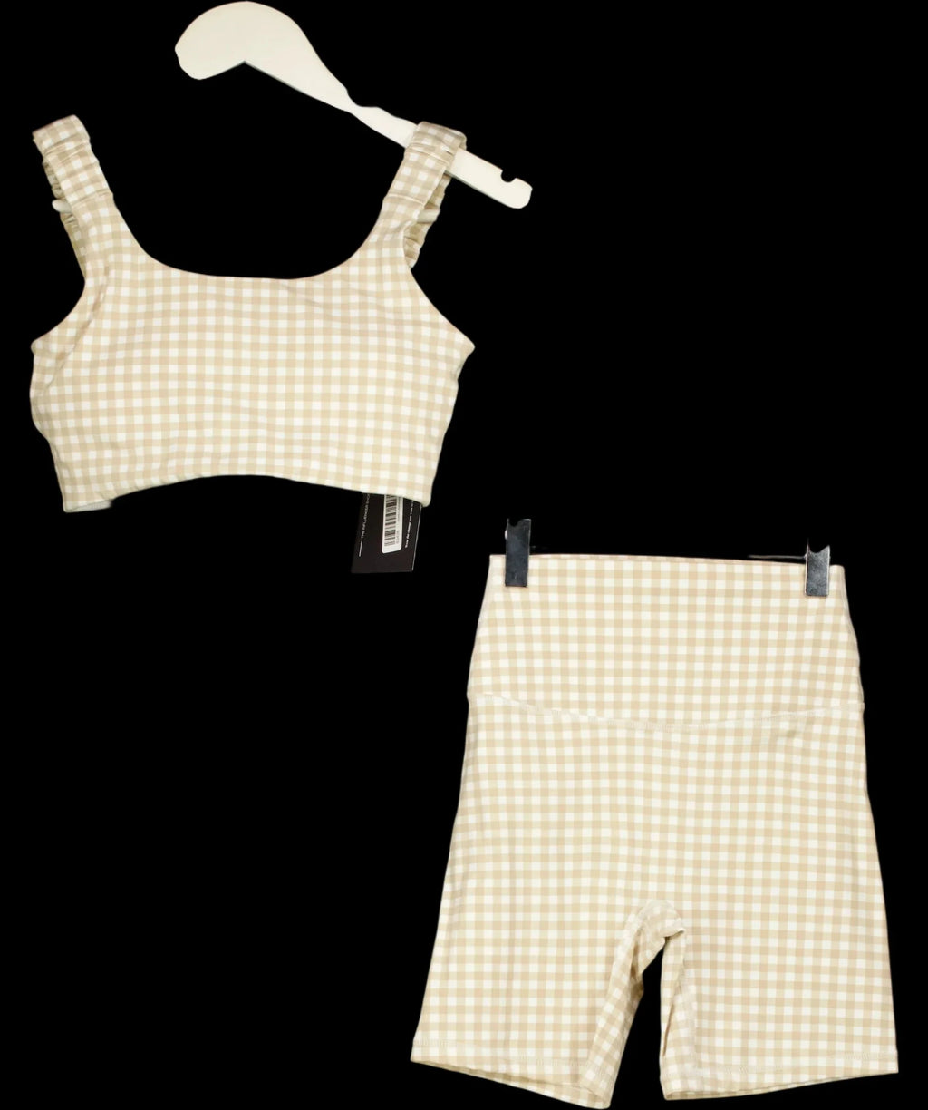 ASTORIA ACTIVEWEAR Beige Luxe Balance Gingham Sports Bra & Shorts Set Beige, size UK S — detail