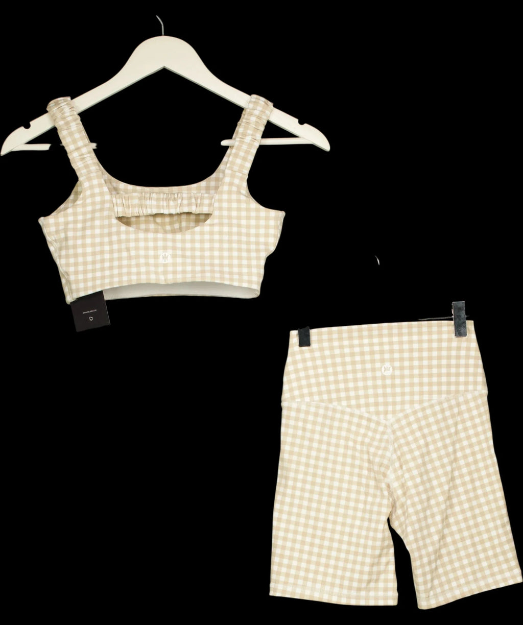 ASTORIA ACTIVEWEAR Beige Luxe Balance Gingham Sports Bra & Shorts Set Beige, size UK S — label