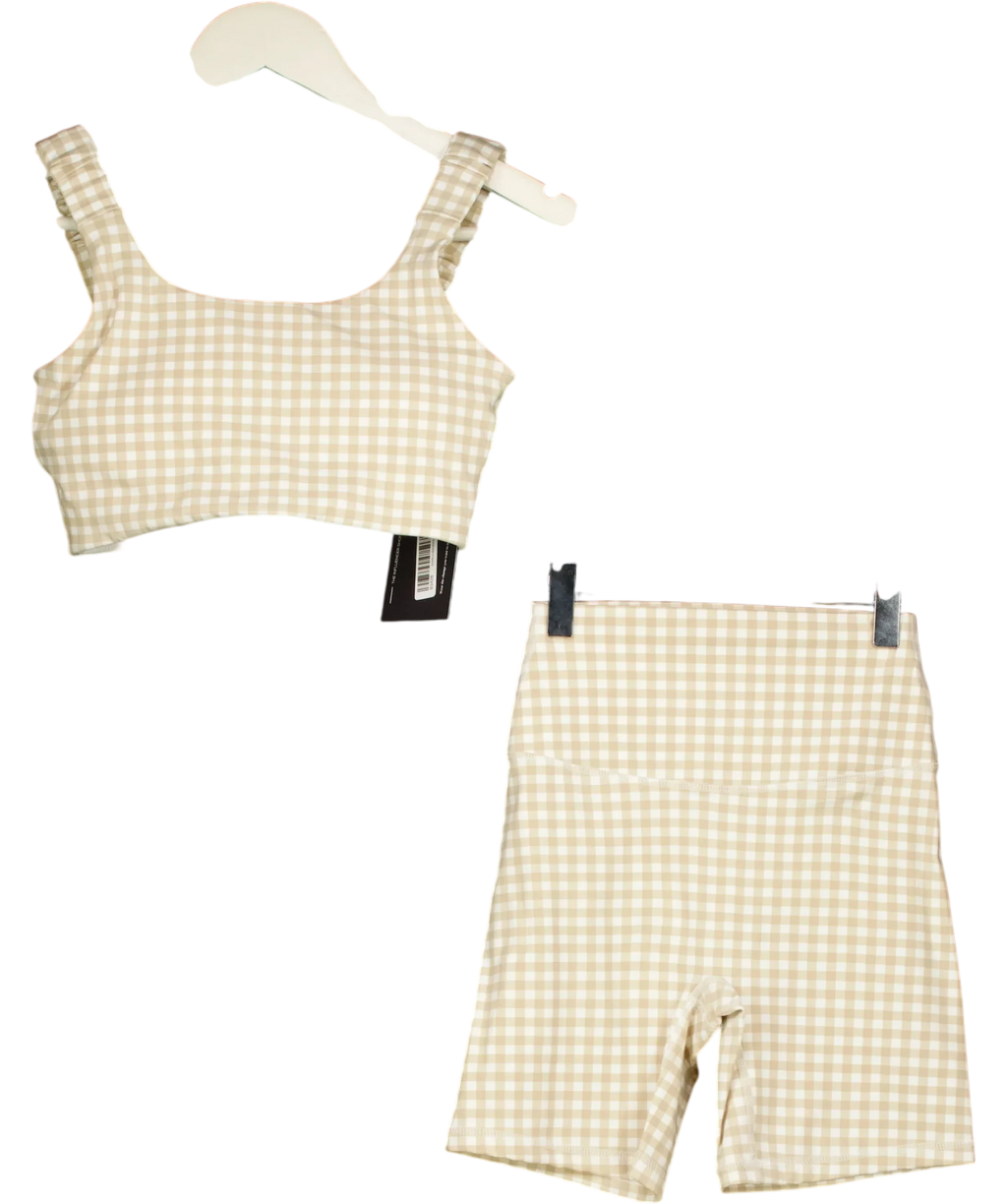 ASTORIA ACTIVEWEAR Beige Luxe Balance Gingham Sports Bra & Shorts Set Beige, size UK S — front