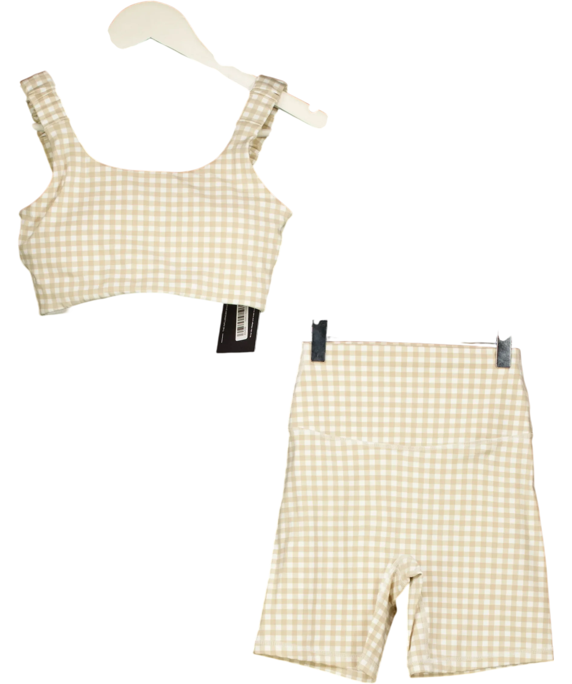 ASTORIA ACTIVEWEAR Beige Luxe Balance Gingham Sports Bra & Shorts Set Beige, size UK S — front