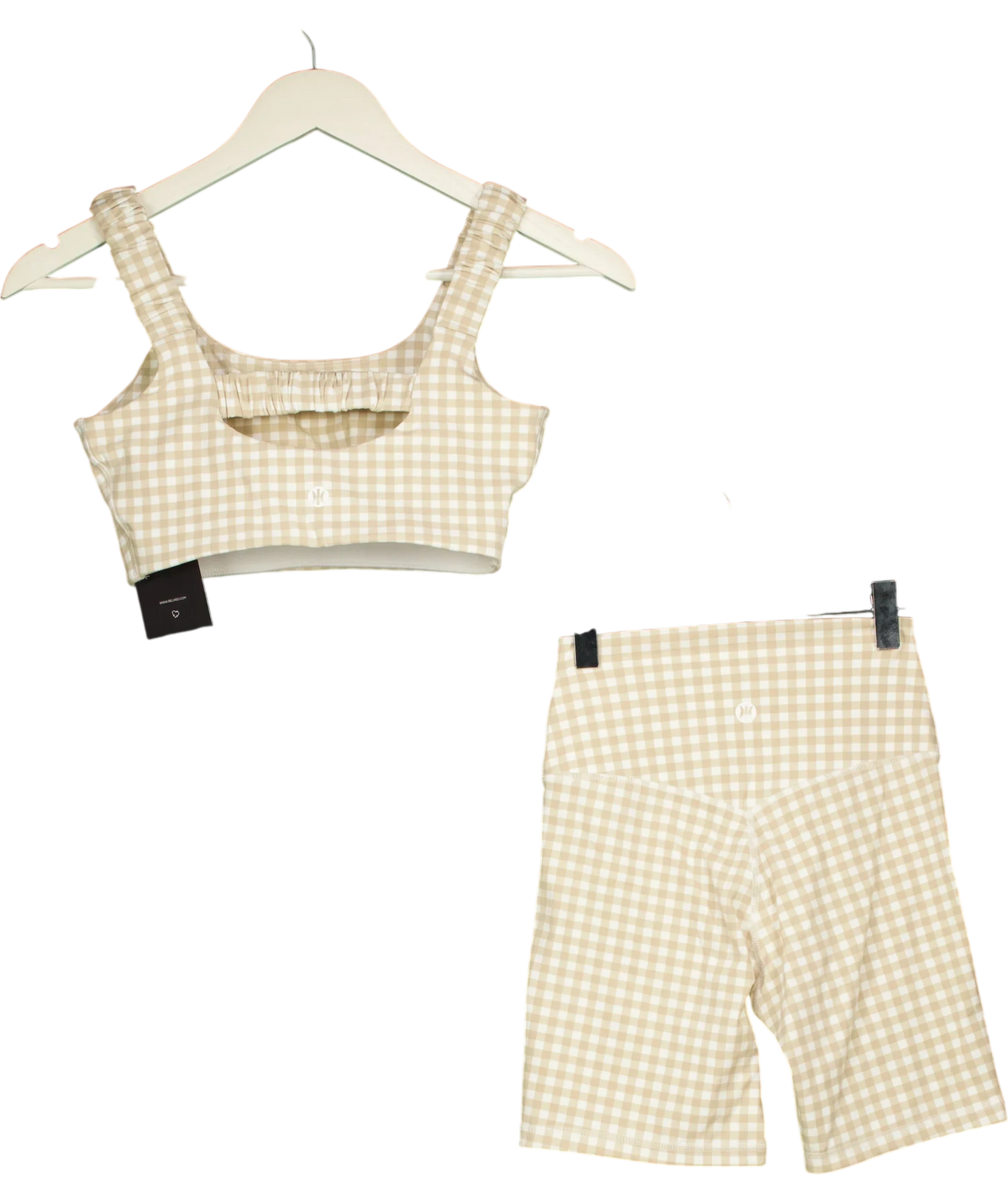 ASTORIA ACTIVEWEAR Beige Luxe Balance Gingham Sports Bra & Shorts Set Beige, size UK S — back
