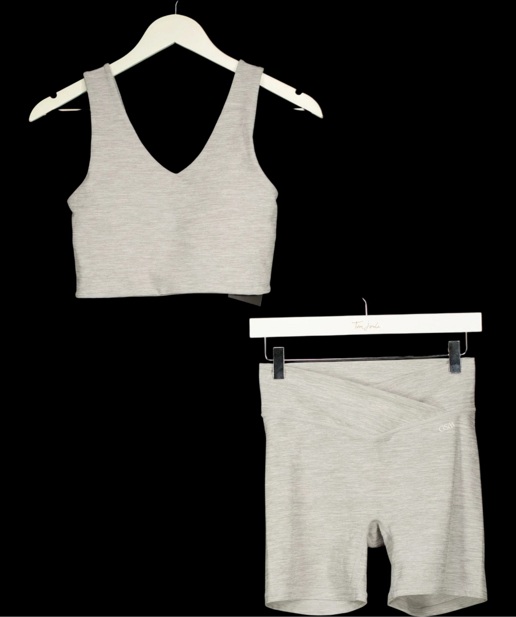 GSM Grey Spacedye V-Neck Sports Bra & Cross Front Shorts Set Grey Marl, size UK S — detail
