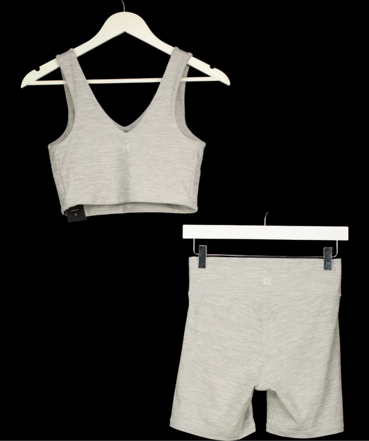 GSM Grey Spacedye V-Neck Sports Bra & Cross Front Shorts Set Grey Marl, size UK S — label