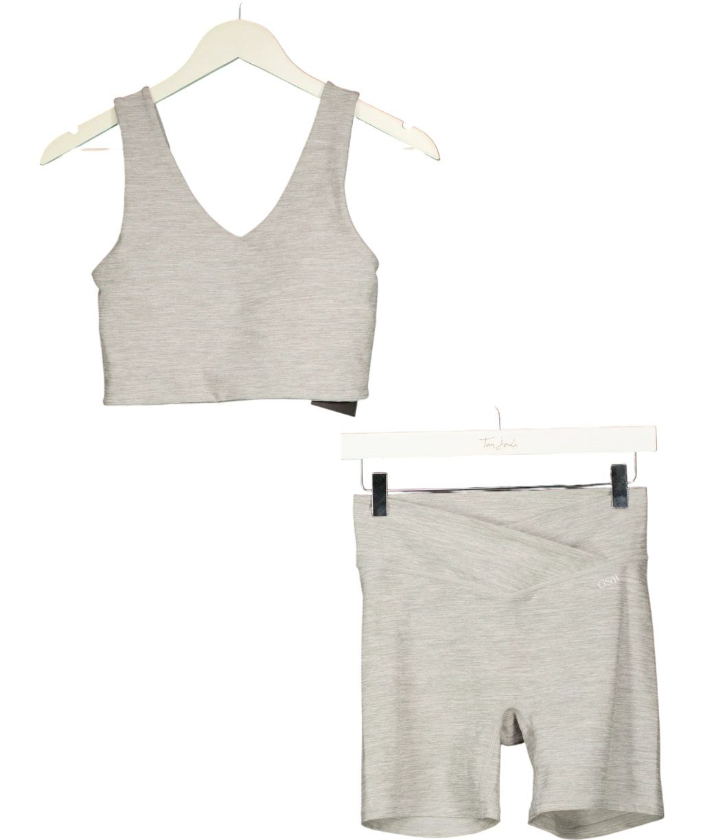 GSM Grey Spacedye V-Neck Sports Bra & Cross Front Shorts Set Grey Marl, size UK S — front