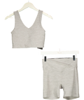 GSM Grey Spacedye V-Neck Sports Bra & Cross Front Shorts Set Grey Marl, size UK S — front