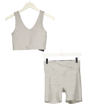 GSM Spacedye V-neck Sports Bra & Cross Front Shorts Set Grey Marl UK S