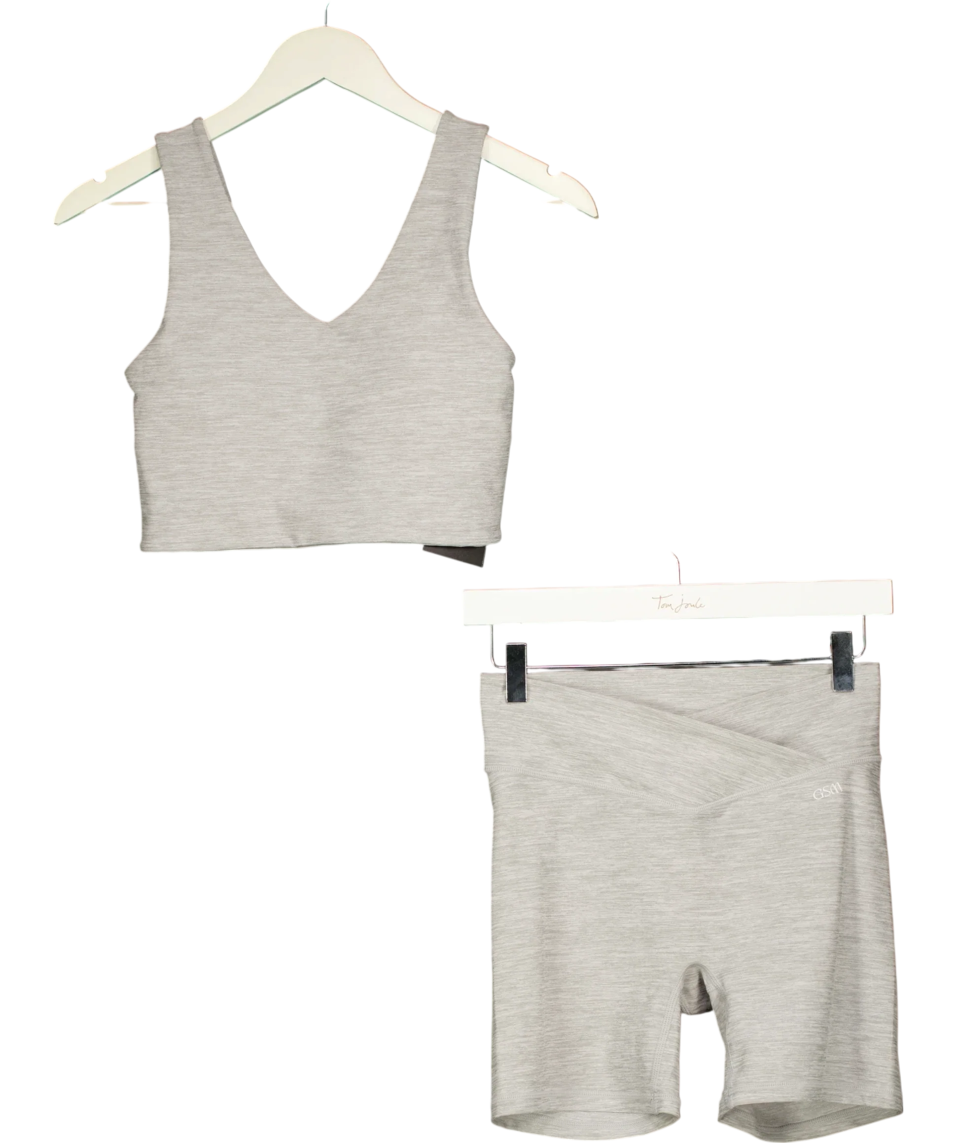 GSM Grey Spacedye V-Neck Sports Bra & Cross Front Shorts Set Grey Marl, size UK S — front