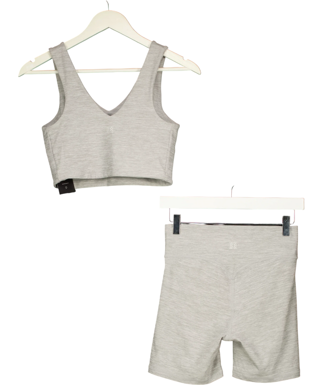 GSM Grey Spacedye V-Neck Sports Bra & Cross Front Shorts Set Grey Marl, size UK S — back