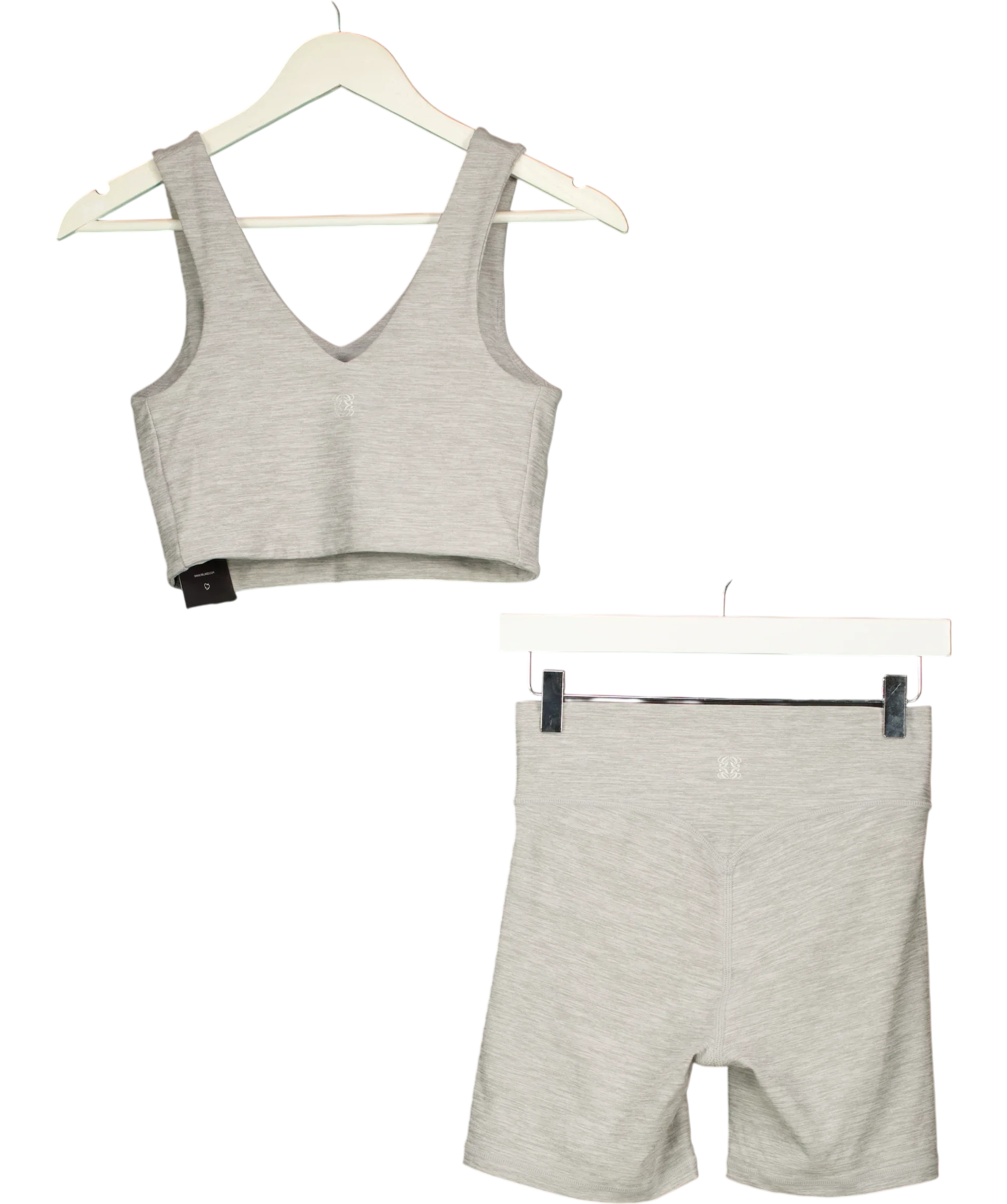 GSM Grey Spacedye V-Neck Sports Bra & Cross Front Shorts Set Grey Marl, size UK S — back