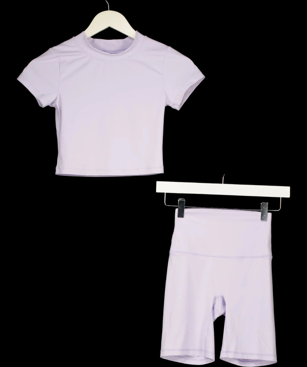 Another Version Purple Short Sleeve Crop Top & Biker Shorts Set Lilac PURPLE, size UK S — care label
