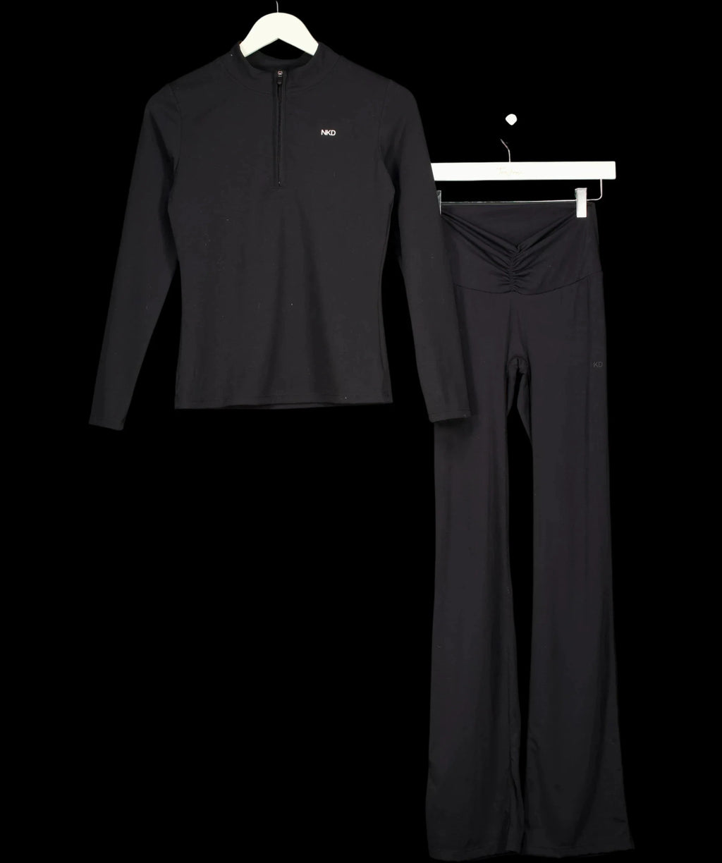 NKD Apparel Black Apparel Black Quarter-Zip Long Sleeve Top and V-Front Ruched Flare Trousers 2-Piece Co-ord Se… — care label