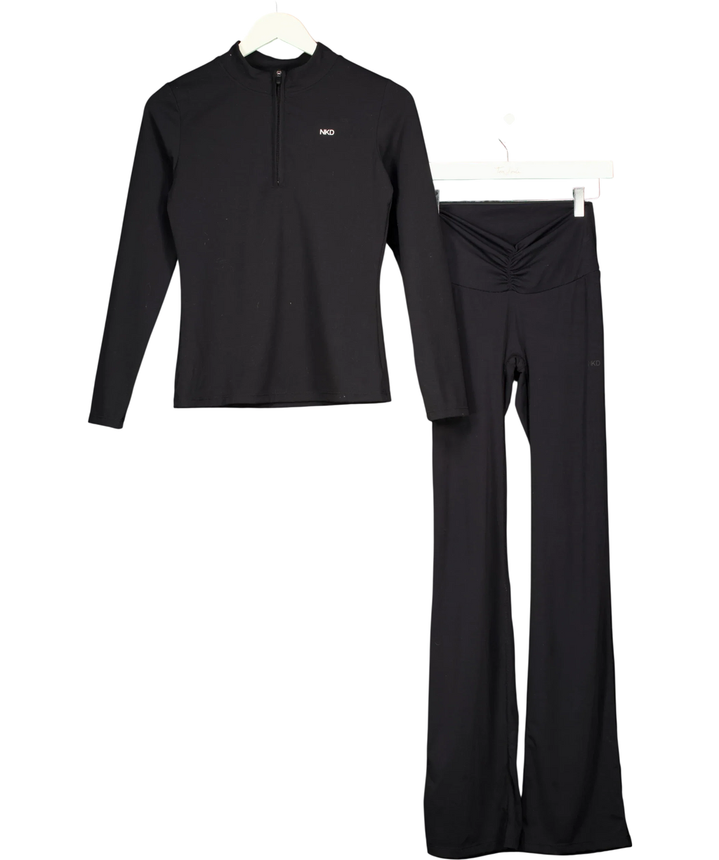 NKD Apparel Black Apparel Black Quarter-Zip Long Sleeve Top and V-Front Ruched Flare Trousers 2-Piece Co-ord Set, si… — front