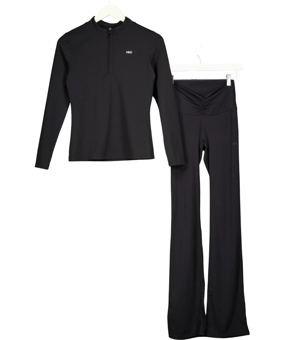 NKD Apparel Black Apparel Black Quarter-Zip Long Sleeve Top and V-Front Ruched Flare Trousers 2-Piece Co-ord Set, si… — front